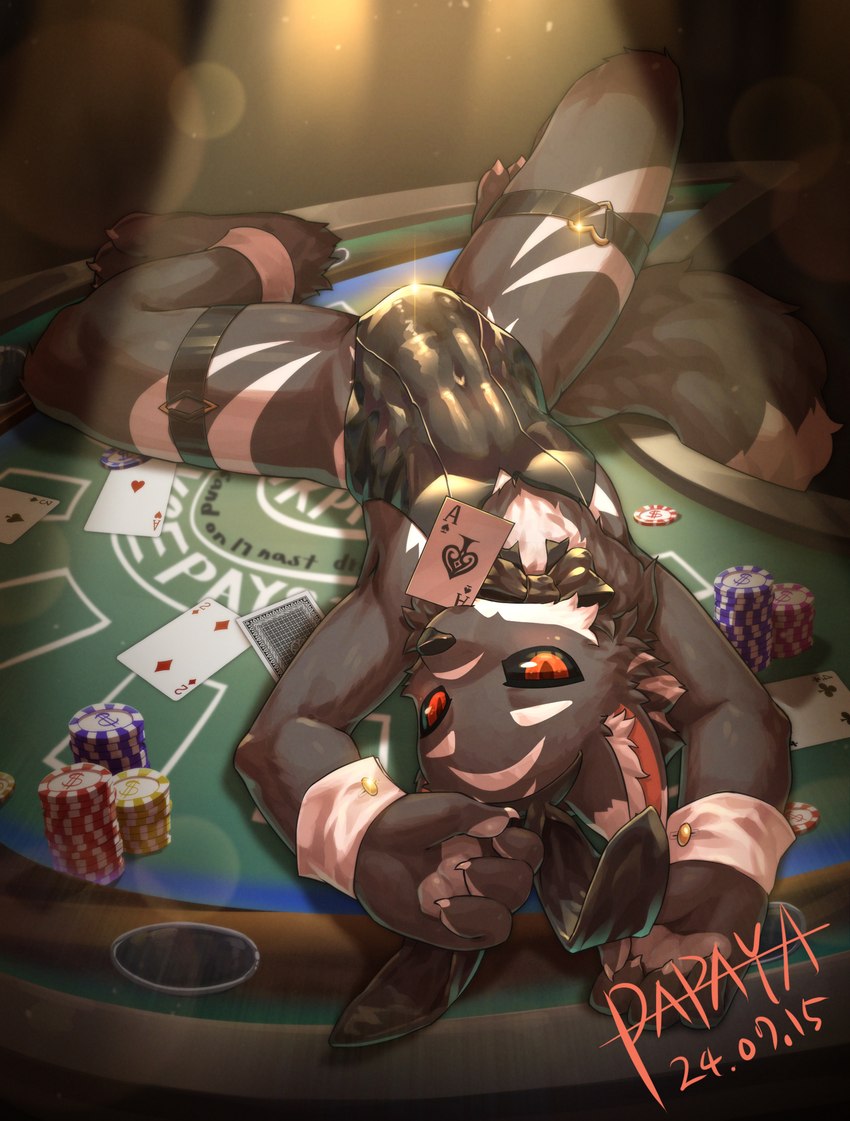 anthro black_clothing black_nose black_sclera clothed clothing crossdressing fake_ears fur glistening glistening_eyes grey_body grey_fur looking_at_viewer lying male narrowed_eyes on_back poker_cards poker_chip red_eyes solo spread_legs spreading white_body white_fur papayafurry canid mammal 2024 dated hi_res signature