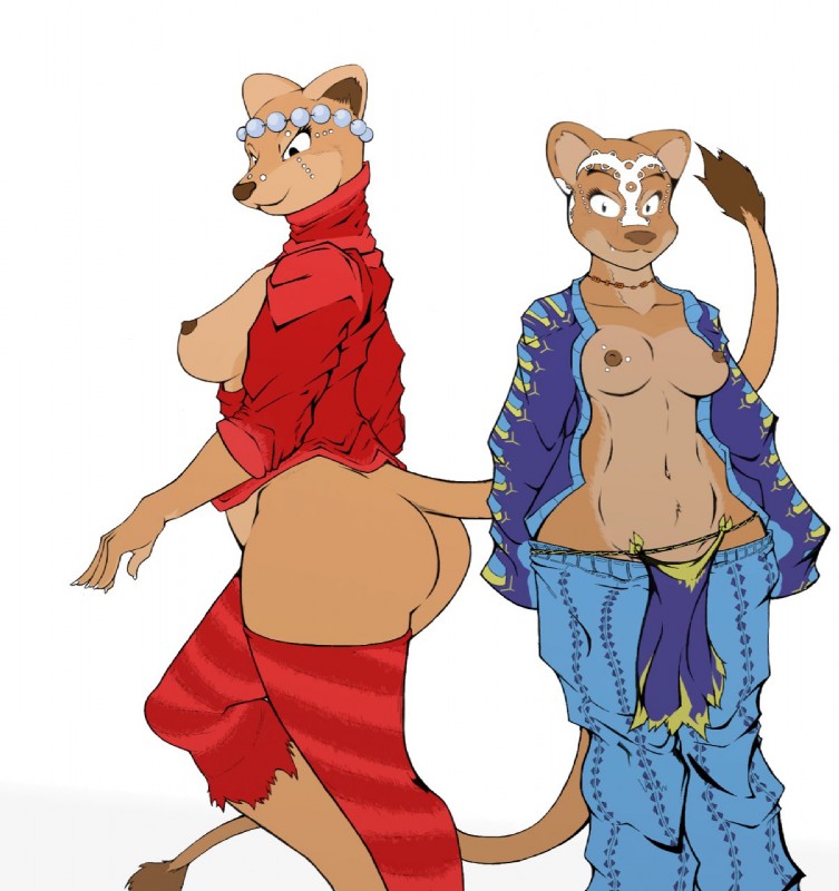 anthro bottomless bottomwear breasts butt clothed clothing duo female jewelry loincloth looking_at_viewer low-riding navel necklace nipples open_clothing open_shirt open_topwear shirt standing topwear tribal wide_hips rheumatism felid lion mammal pantherine hi_res