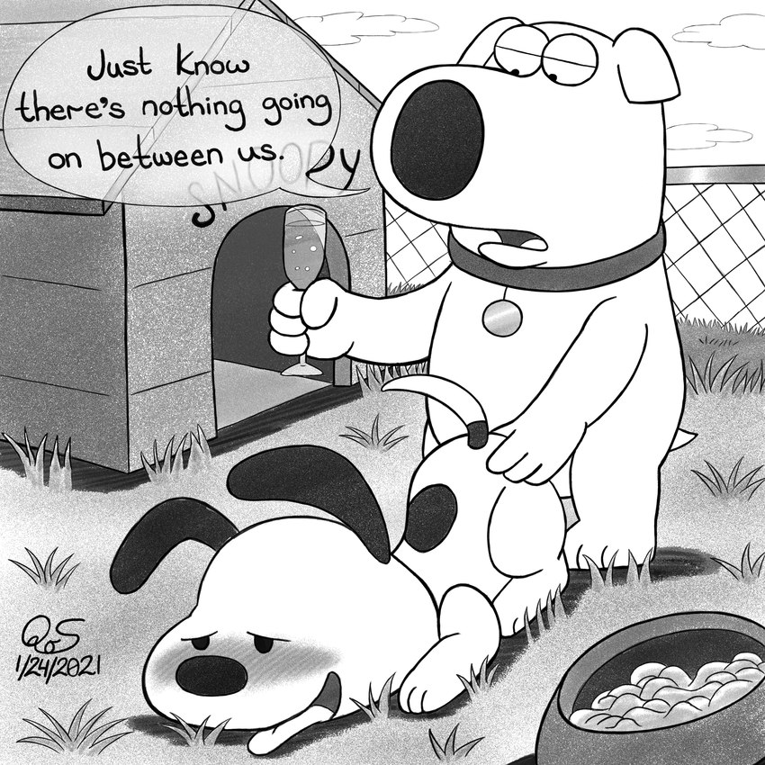 alcohol anal anthro beverage blush bowl collar container dialogue doggystyle doghouse duo fence fluted_glass from_behind_position fur grass male male/male open_mouth outside pet_bowl plant sex speech_bubble tongue tongue_out white_body white_fur queefofspades family_guy peanuts_(comic) brian_griffin snoopy canid canine canis domestic_dog mammal 1:1 2021 absurd_res hi_res monochrome signature