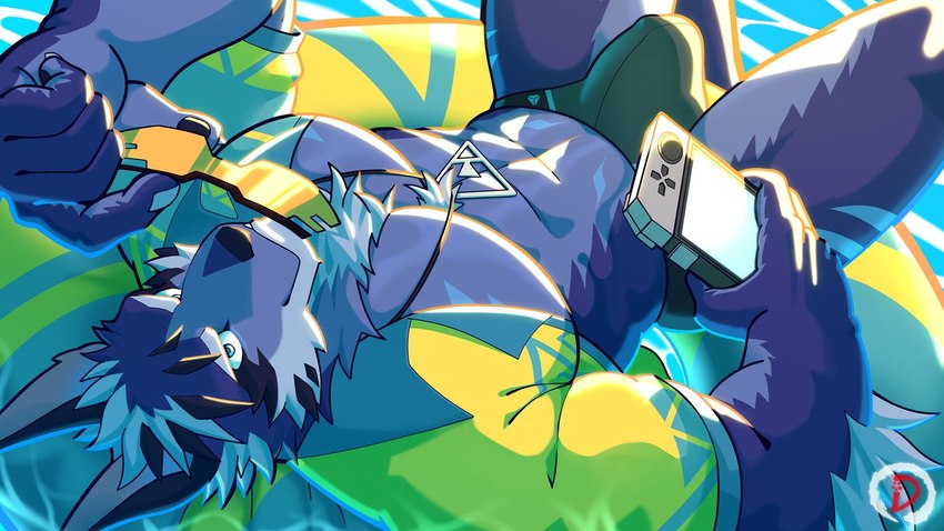 abs anthro blue_body blue_eyes blue_fur bulge clothing eyewear fur male muscular muscular_anthro muscular_male pecs solo speedo sunglasses swim_ring swimwear water dingding_(artist) lifewonders tokyo_afterschool_summoners tindalos_(tas) canid canine canis mammal wolf 16:9 hi_res widescreen