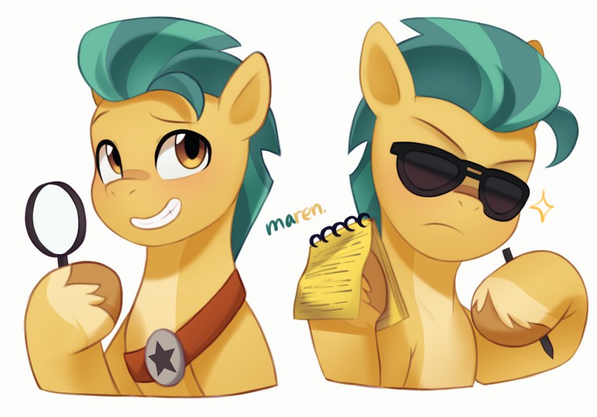 amber_eyes aquamarine_hair eyewear magnifying_glass male notebook pen sash solo sunglasses turquoise_hair marenlicious hasbro mlp_g5 my_little_pony hitch_trailblazer_(mlp) earth_pony equid equine horse mammal pony absurd_res digital_media_(artwork) hi_res