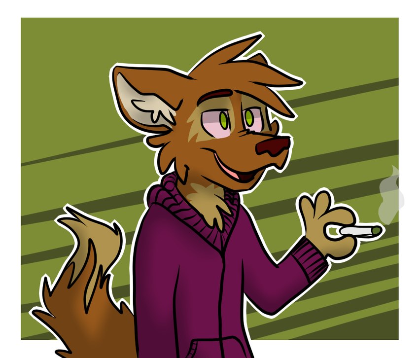 anthro brown_body brown_fur clothing drugs fur green_background green_eyes hoodie male marijuana open_mouth purple_sweatshirt simple_background smoking solo stoned substance_intoxication tan_body tan_fur tongue_showing topwear tinydeerguy matt_riskely canid canine canis domestic_dog mammal