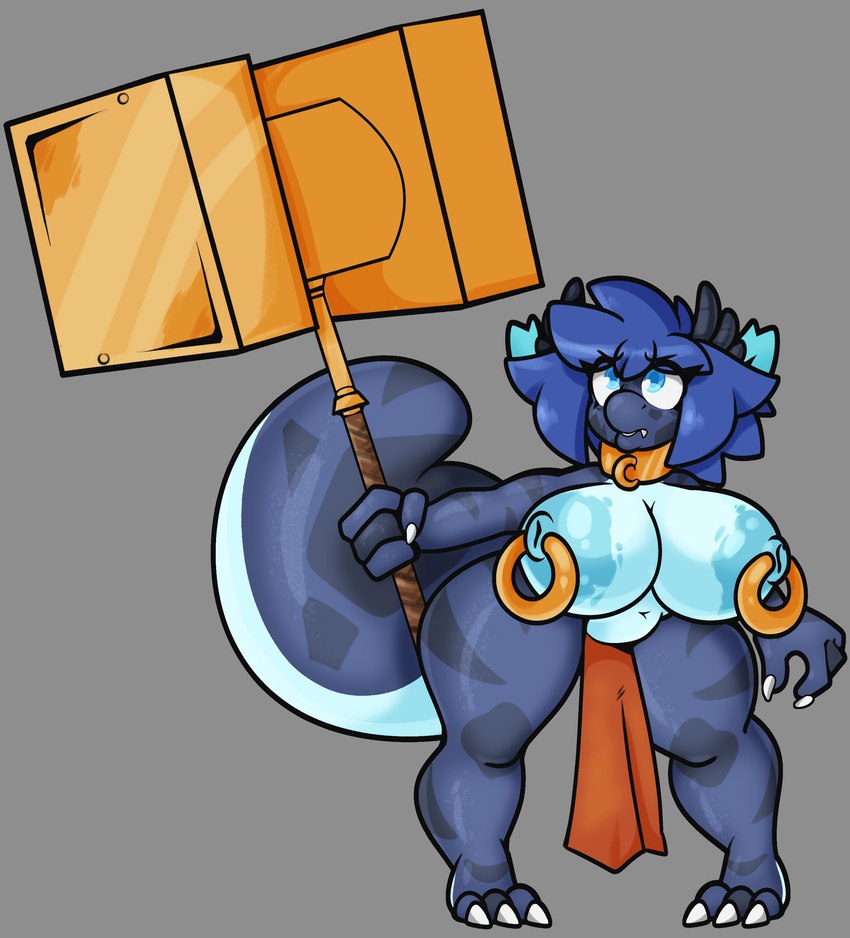 anthro big_breasts big_tail blue_body blue_eyes blue_hair bottomwear breasts claws clothed clothing collar exposure_variation female gold_(metal) gold_collar hair hammer holding_hammer holding_object holding_tool horn loincloth metal_collar nipple_piercing nipple_ring nipples non-mammal_breasts piercing ring_piercing short_stack skimpy solo tail toe_claws tools wide_hips blueberrygrizzly mythology hoshi_(blueberrygrizzly) dragon mythological_creature mythological_scalie scalie wingless_dragon absurd_res hi_res