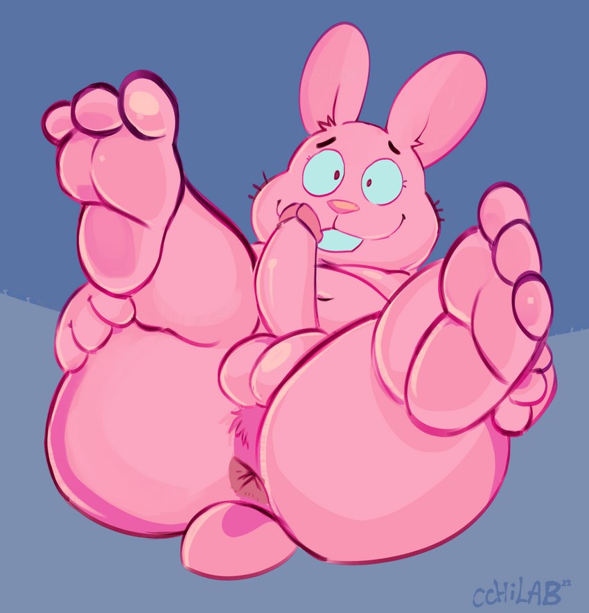 anthro anus ass_up backsack balls buckteeth butt erection feet fur genitals legs_up lying male nude on_back overweight overweight_male penis pink_body pink_fur smile solo teeth cchilab cartoon_network the_amazing_world_of_gumball richard_watterson lagomorph leporid mammal rabbit hi_res