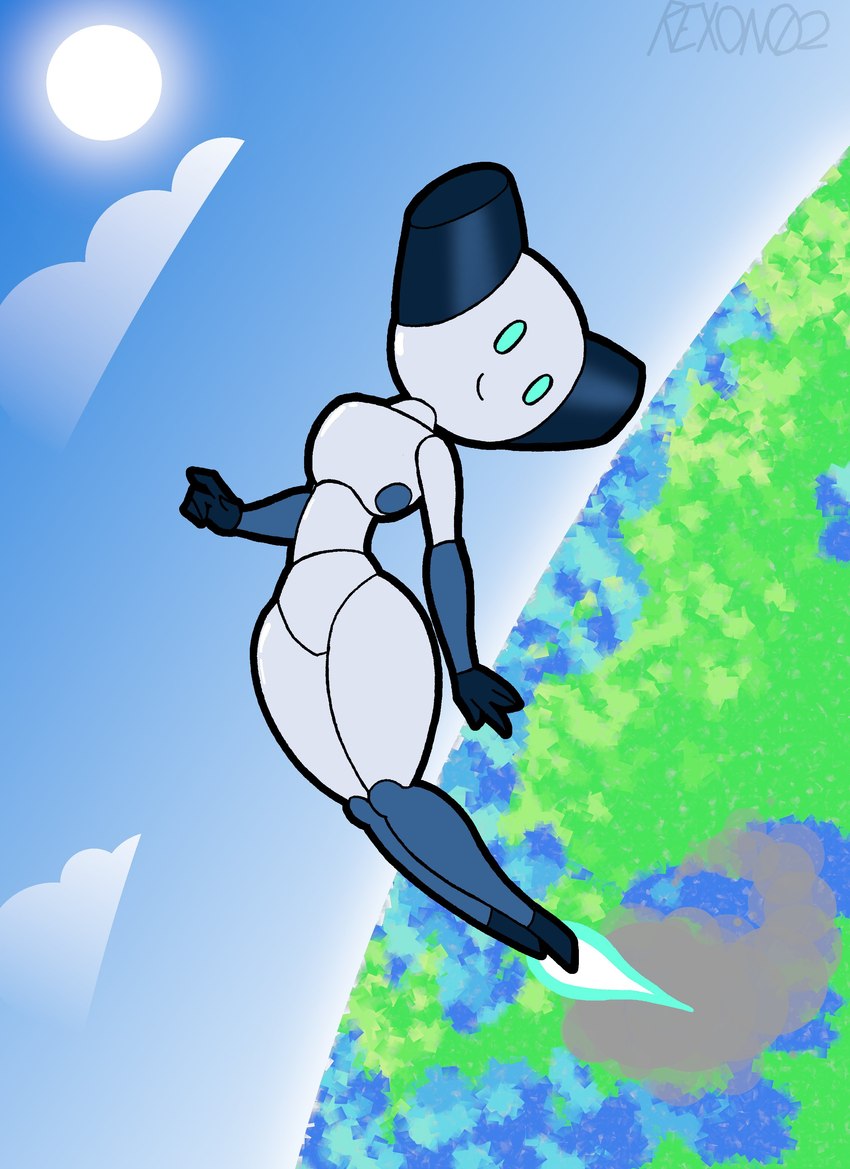 blue_body blue_eyes cloud femboy flying machine male midair sky solo rexon02 robotboy robotboy_(character) humanoid robot robot_humanoid absurd_res hi_res