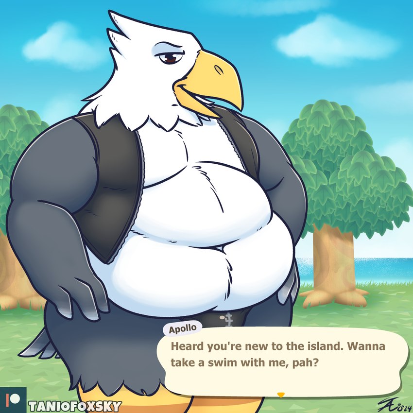 anthro bulge hand_on_hip love_handles male moobs obese overweight plant sea solo text thick_thighs tree water wide_hips tanio animal_crossing nintendo apollo_(animal_crossing) accipitrid accipitriform avian bird eagle 1:1 2024 english_text hi_res