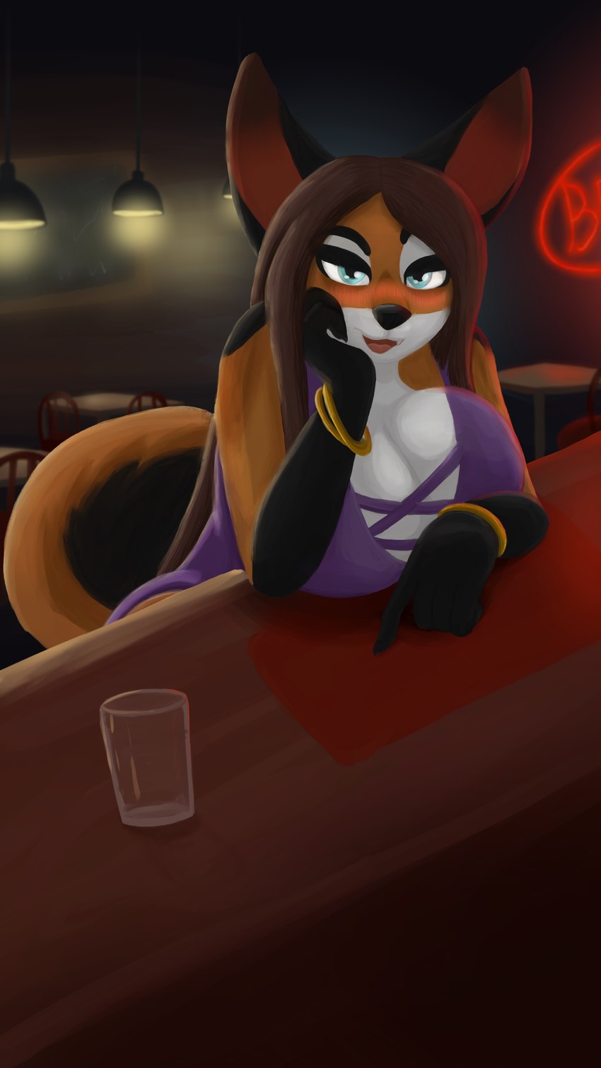 anthro bar big_breasts blue_eyes blush bracelet breasts brown_hair clothing container cup dress fur glass gold_(metal) gynomorph hair intersex jewelry long_hair neon_lights orange_body orange_fur sitting solo substance_intoxication white_body white_fur sudsypup liska_(sudsypup) canid canine fox mammal 2024 absurd_res digital_media_(artwork) digital_painting_(artwork) hi_res