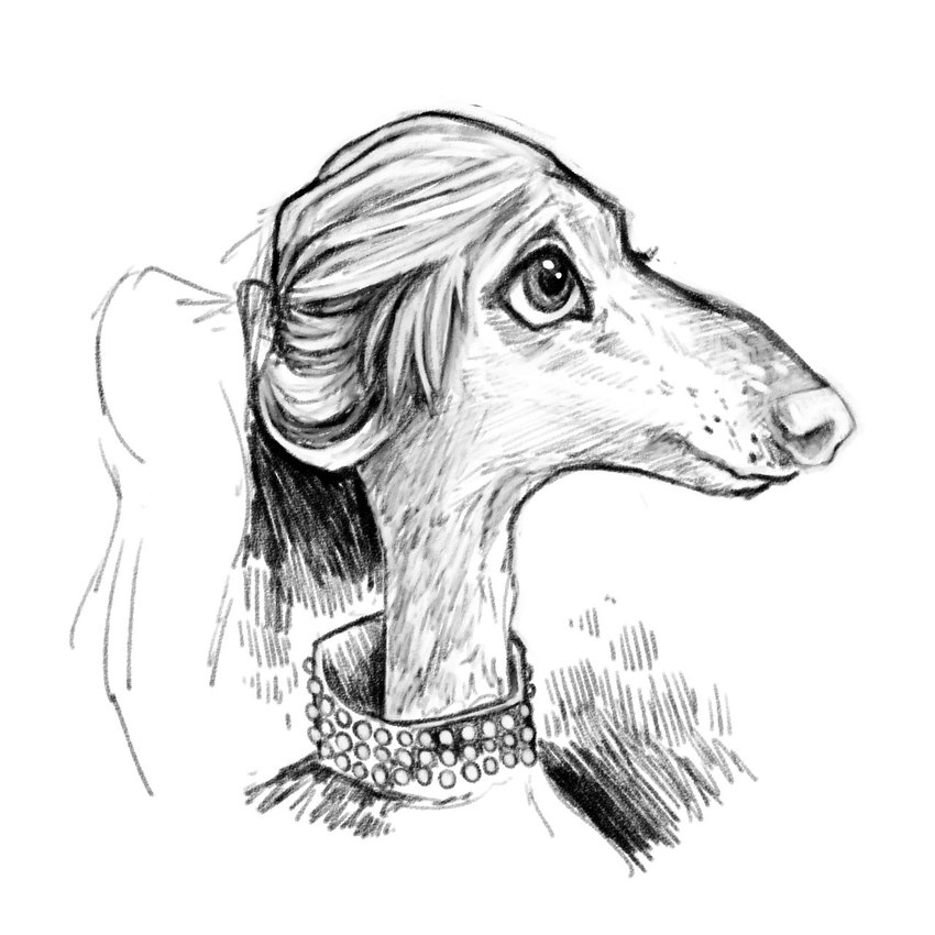 anthro female fur hair jewelry looking_up necklace ponytail side_view snout solo ljrmr canid canine canis domestic_dog mammal 2018 digital_drawing_(artwork) digital_media_(artwork) greyscale hatching_(art) headshot_portrait hi_res monochrome paint_tool_sai_(artwork) portrait shaded sketch