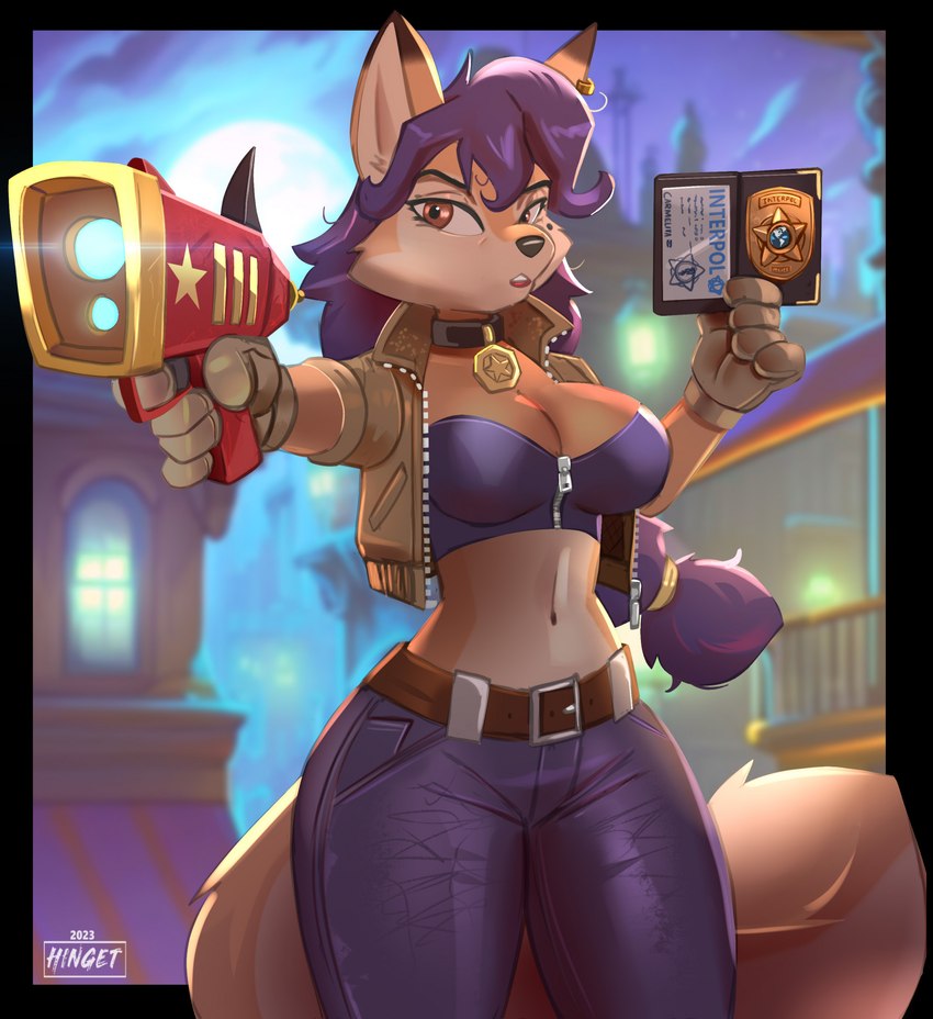 5_fingers aiming anthro badge belt big_breasts black_nose blue_hair bottomwear breasts cleavage clothed clothing coat collar ear_piercing ear_ring electroshock_weapon female fingers fur gloves gun hair handwear holding_gun holding_object holding_ranged_weapon holding_weapon identification looking_at_viewer markings mole_(marking) orange_body orange_fur pants piercing police ranged_weapon ring_piercing solo standing tail taser teeth text topwear weapon writing_text zipper hinget sly_cooper_(series) sony_corporation sony_interactive_entertainment sucker_punch_productions carmelita_fox canid canine fox mammal 2023 artist_name digital_drawing_(artwork) digital_media_(artwork) english_text hi_res