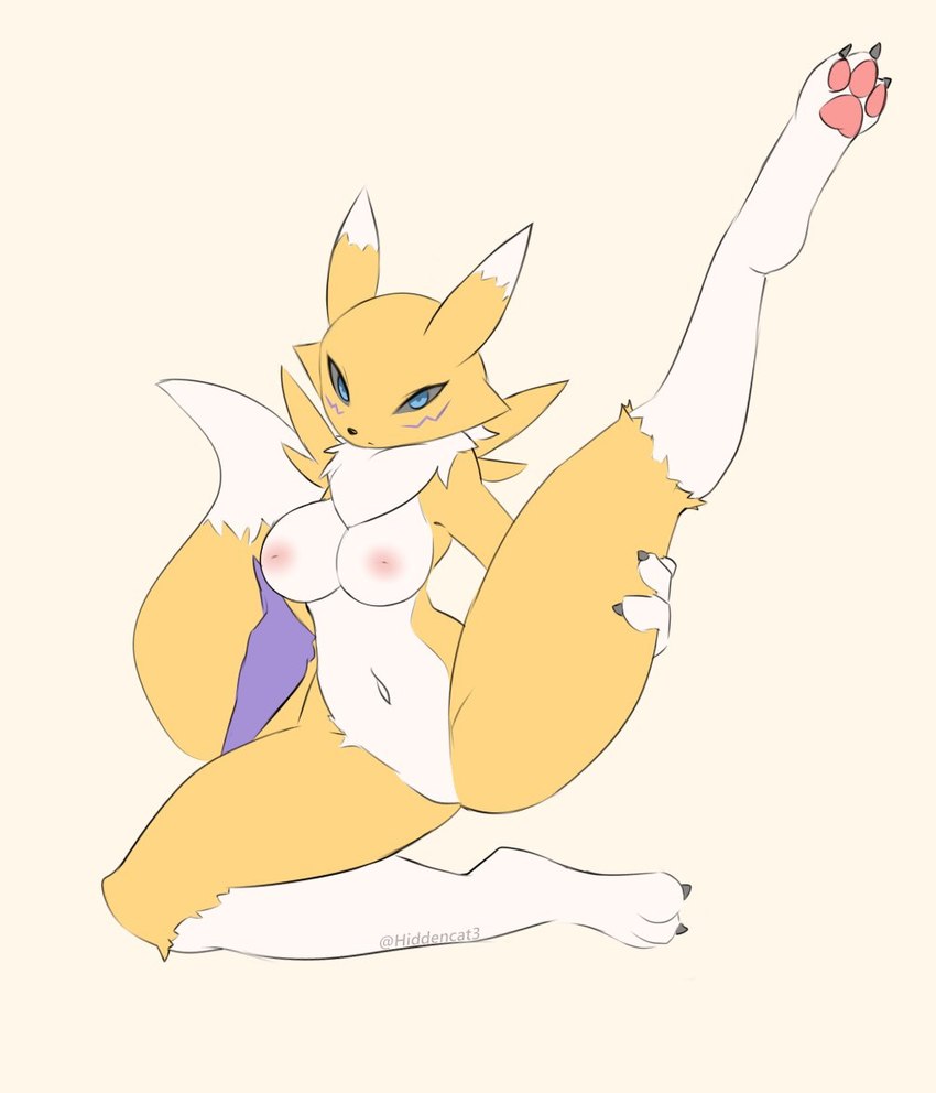 anthro armwear_only blue_eyes breasts claws female finger_claws fur looking_at_viewer mostly_nude nipples pawpads raised_leg simple_background solo tail toe_claws yellow_body yellow_fur hidden-cat bandai_namco digimon canid digimon_(species) mammal renamon