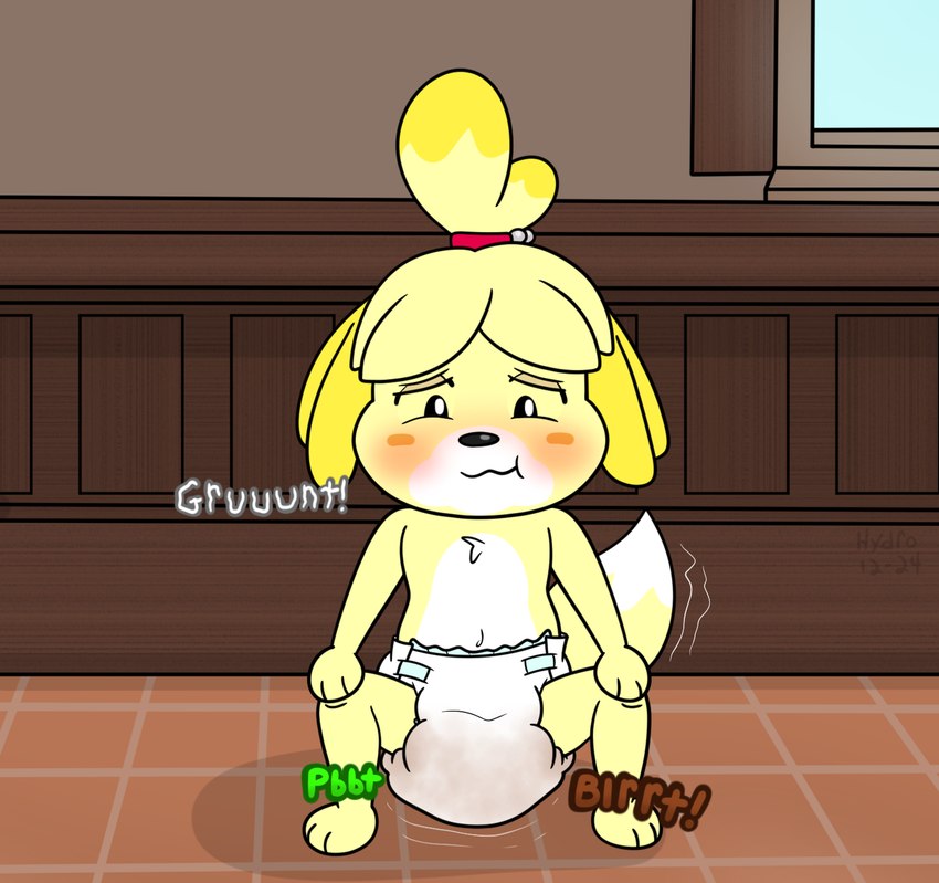 anthro blush clothed clothing crouching diaper diaper_fetish diaper_only diaper_use fart feces female fur hair pooping soiled_diaper soiling soiling_diaper solo text topless unclean_diaper used_diaper wearing_diaper yellow_body yellow_fur hydroftt animal_crossing nintendo isabelle_(animal_crossing) canid canine canis domestic_dog mammal digital_media_(artwork) english_text hi_res