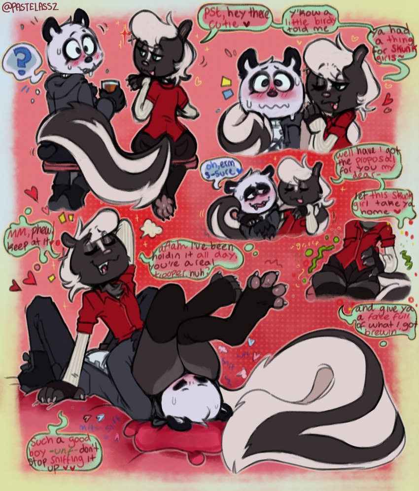 anthro bar_stool big_butt blush butt butt_sniffing duo facesitting female flirting furniture heart_symbol pick-up_line question_mark sitting_on_another skunk_tail sniffing stool tail text pastelassz mammal mephitid skunk 2022 absurd_res english_text hi_res