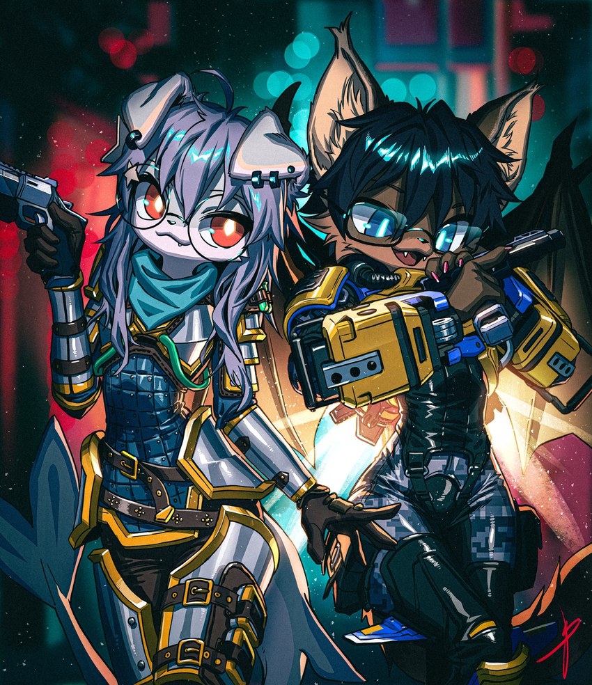 ahoge anthro armor blue_eyes blue_kerchief blue_neckerchief blurred_background cheek_tuft claws clothed clothing cute_fangs detailed_background digital_camo duo ear_piercing ear_ring ear_stud exosuit eyewear facial_tuft fangs female female_anthro front_view fully_clothed glasses gun hair handgun holding_gun holding_handgun holding_object holding_ranged_weapon holding_revolver holding_weapon holster jet_pack kerchief lens_flare long_hair looking_at_gun looking_at_viewer machine neckerchief neckwear open_mouth open_smile outside piercing pink_claws purple_hair ranged_weapon red_eyes revolver ring_piercing round_glasses small_waist smile snaggle_tooth star_clip teeth tuft walking weapon blaedic markus_(freyrmts) tobi_(octoberrk) canid canine canis cetacean domestic_dog hybrid mammal marine procyonid raccoon spitz whale 2022 absurd_res hi_res portrait three-quarter_portrait