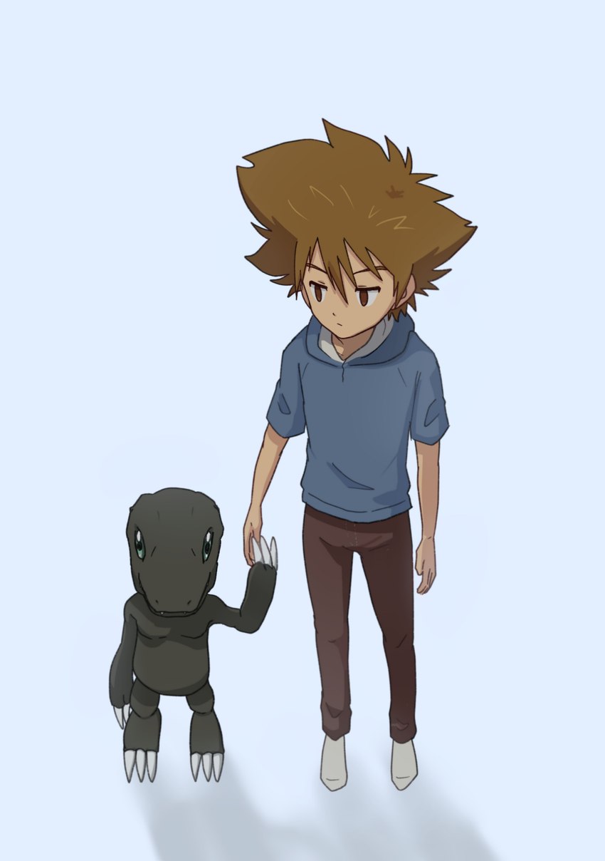 anthro brown_hair claws clothing duo green_eyes hair hand_holding hoodie male topwear mmsnowf2 bandai_namco digimon taichi_kamiya blackagumon digimon_(species) human mammal absurd_res hi_res