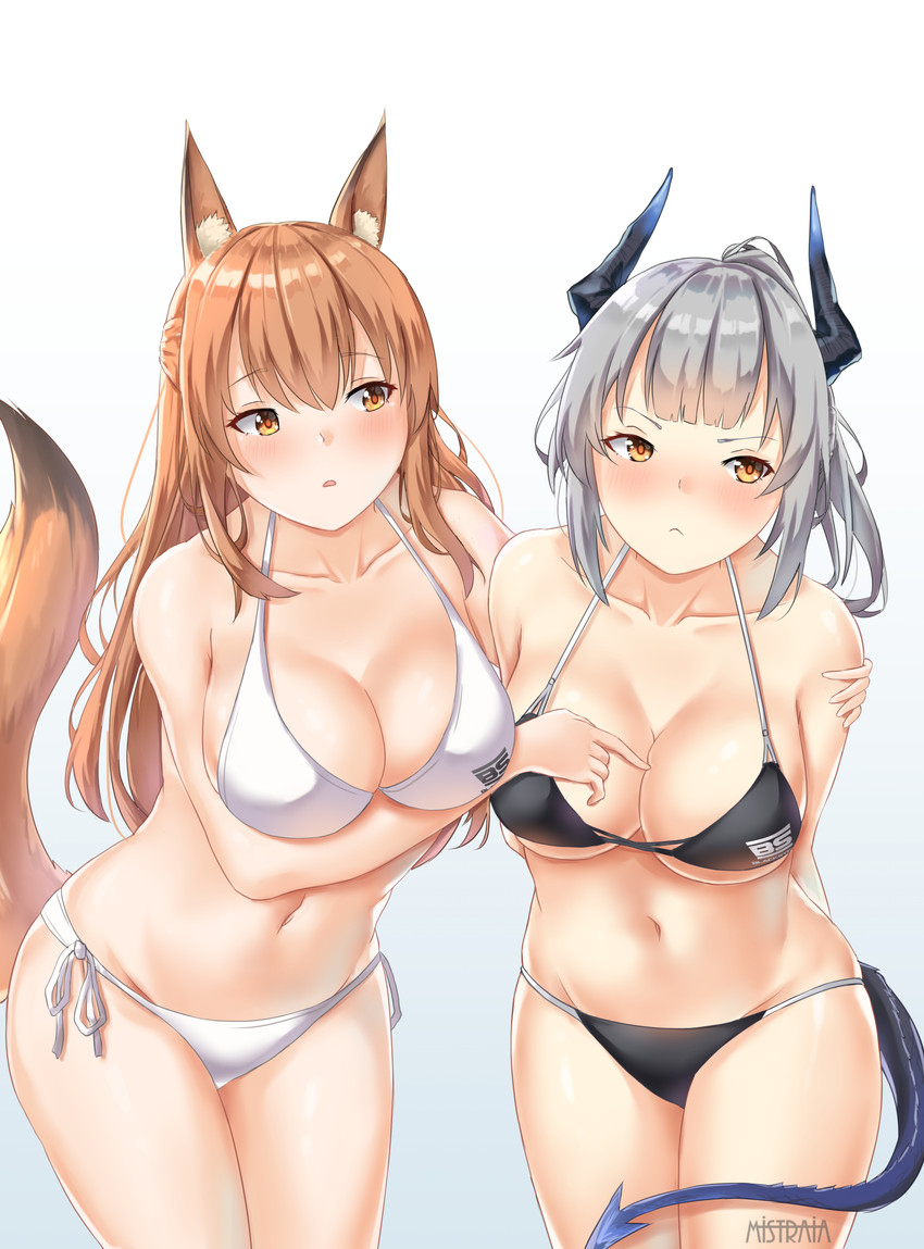 big_breasts bikini bikini_bottom bikini_top blush breast_poke breasts brown_hair cleavage clothed clothing duo female hair horn navel open_mouth silver_hair simple_background spade_tail swimwear tail two-piece_swimsuit white_background mistraia arknights hypergryph studio_montagne franka_(arknights) liskarm_(arknights) animal_humanoid canid canid_humanoid canine canine_humanoid demon demon_humanoid fox_humanoid humanoid mammal mammal_humanoid 2020 absurd_res hi_res