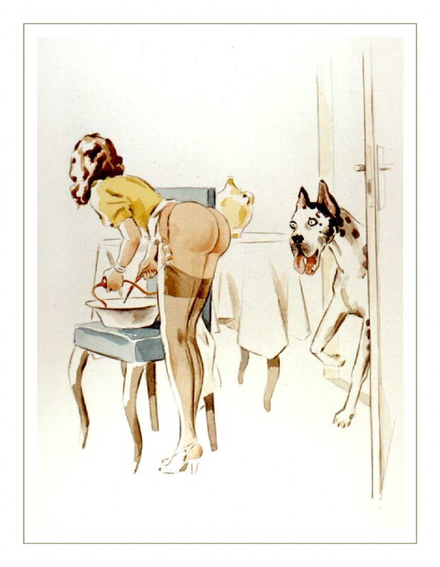 1930s_theme biped bottomless butt clothed clothing duo enema_bulb female feral footwear furniture high_heels legwear shoes stockings table julie_delcourt canid canine canis domestic_dog great_dane human mammal mastiff molosser 1938 20th_century ancient_art