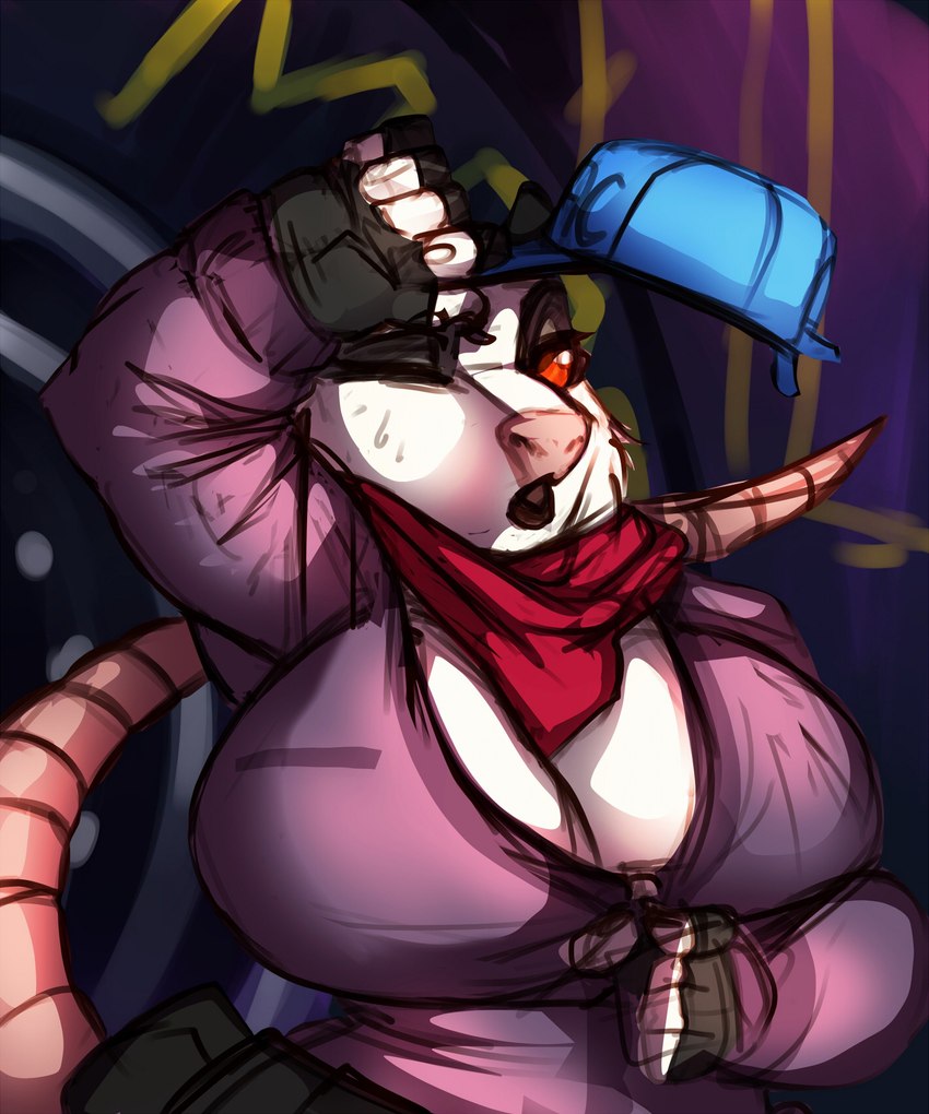 anthro big_breasts bodily_fluids breasts cleavage clothed clothing female hat headgear headwear huge_breasts kerchief mechanic mechanic_outfit one_eye_closed solo sweat djpuppeh martha_the_mechanic american_opossum mammal marsupial hi_res