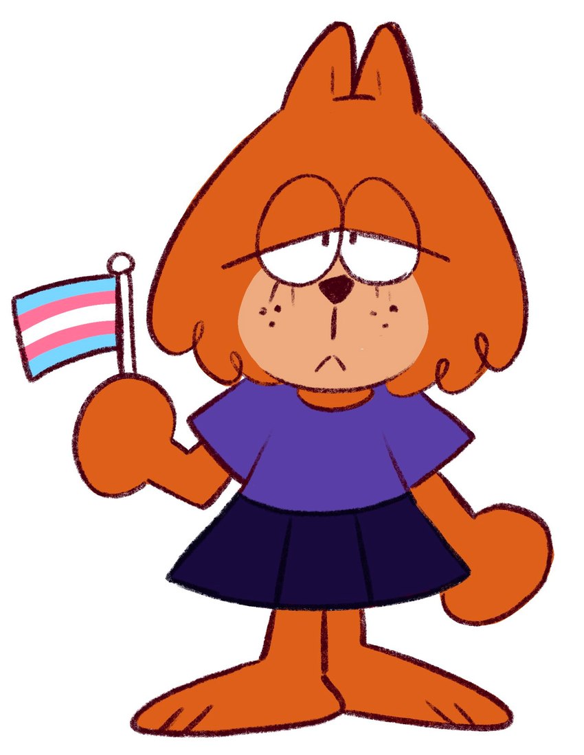 anthro bottomwear clothing eyelashes flag flag_(object) freckles half-closed_eyes holding_flag holding_object lgbt_pride narrowed_eyes pride_color_flag pride_colors shirt skirt solo topwear transgender_pride_colors newlunapastel hanna-barbera jellystone_(hbo_max) top_cat_(series) brain_(top_cat) domestic_cat felid feline felis mammal hi_res trans_(lore)