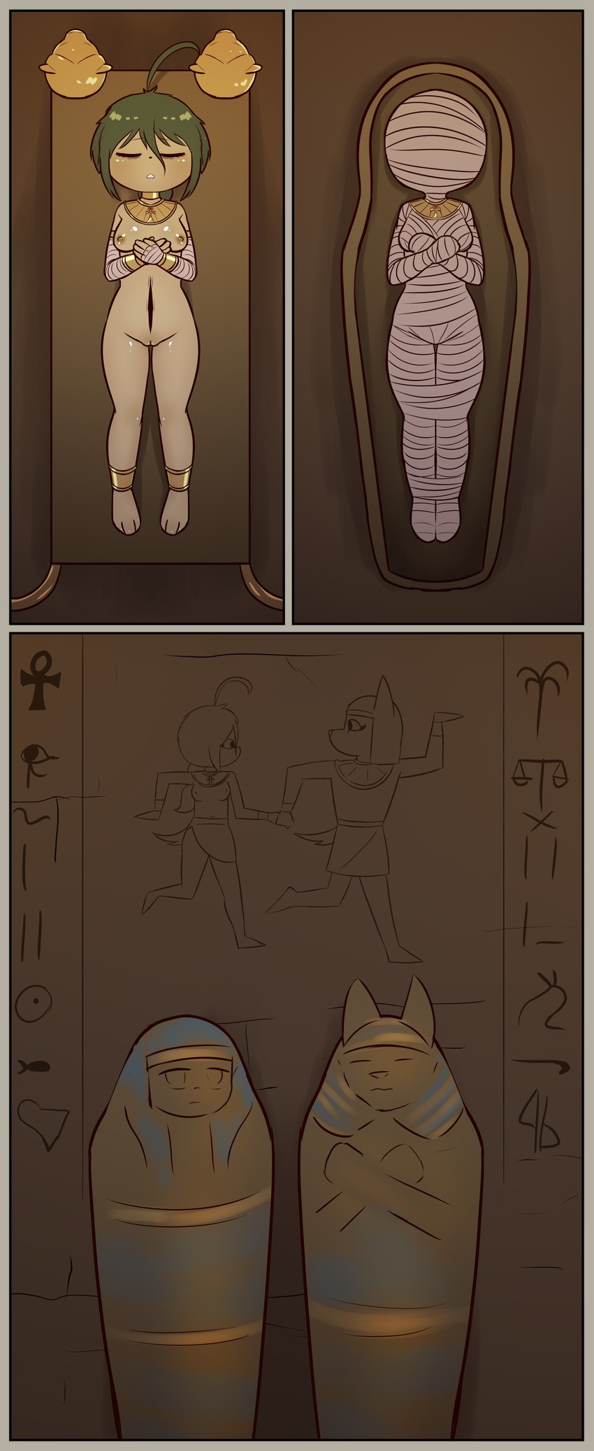 ankh anthro border bound breasts choker clitoris corpse female genitals hieroglyphics jewelry love married_couple mummification navel necklace nipples nude pussy sarcophagus solo wedding yellow_border e254e dorotty_(e254e) canid canine canis domestic_dog jackal mammal mummy undead absurd_res comic hi_res