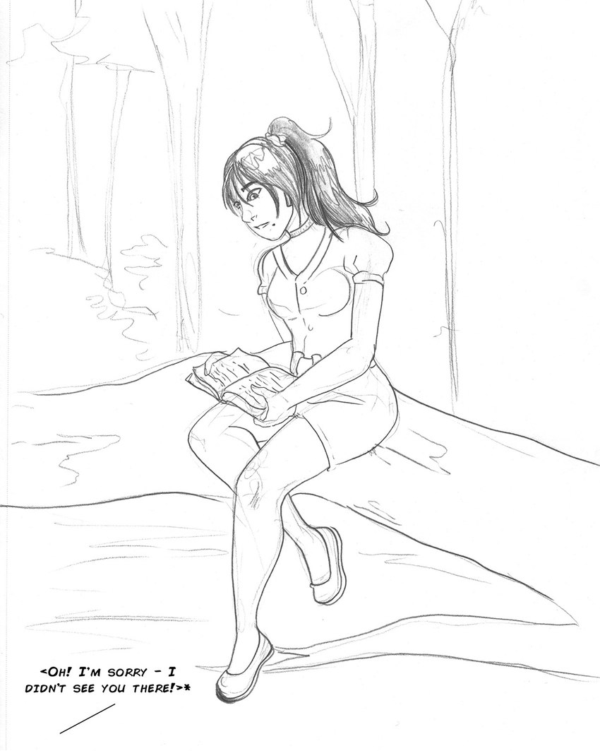 anthro book breasts clothed clothing dialogue dress female forest hair human_only not_furry offscreen_character outside plant solo text tree arania the_cabin_in_the_woods_(arania) eveleen_(tcitw) human mammal 2023 4:5 english_text hi_res monochrome