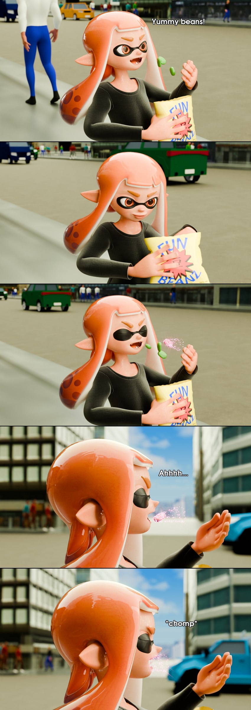 bean bean_(legume) car city city_background cloud eating eating_food female food fruit legume magic male plant sky street text vehicle honigkuchenpferd nintendo splatoon agent_3_(splatoon) anon background_character human mammal 3d_(artwork) absurd_res comic digital_media_(artwork) hi_res