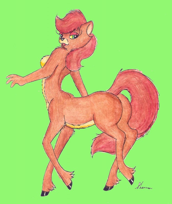 breasts brown_body brown_fur brown_hair female fur green_background green_eyes hair hooves looking_back simple_background solo mike_sherman domestic_cat equid equine felid feline felis horse mammal taur hi_res