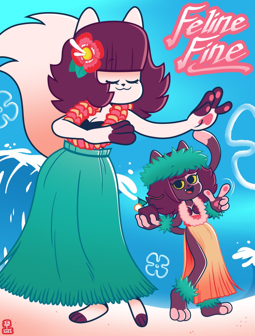 accessory anthro dancing duo eyes_closed female flower flower_in_hair hair hair_accessory hula hula_dancer hula_girl hula_skirt lei plant sea water wave wazzaldorp billie_(wazzaldorp) millie_(wazzaldorp) domestic_cat felid feline felis mammal 2022 hi_res