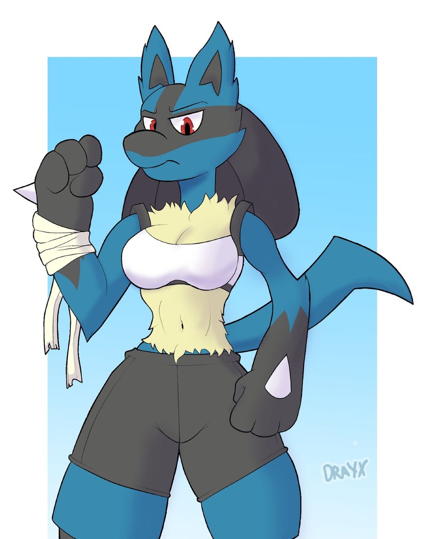 anthro arm_wrapping athletic_wear blue_body blue_fur bodily_fluids bottomwear breasts clothed clothing female fur looking_at_viewer red_eyes shorts simple_background solo tail topwear workout_clothing drayx nintendo pokemon canid canine generation_4_pokemon lucario mammal pokemon_(species) digital_media_(artwork) hi_res