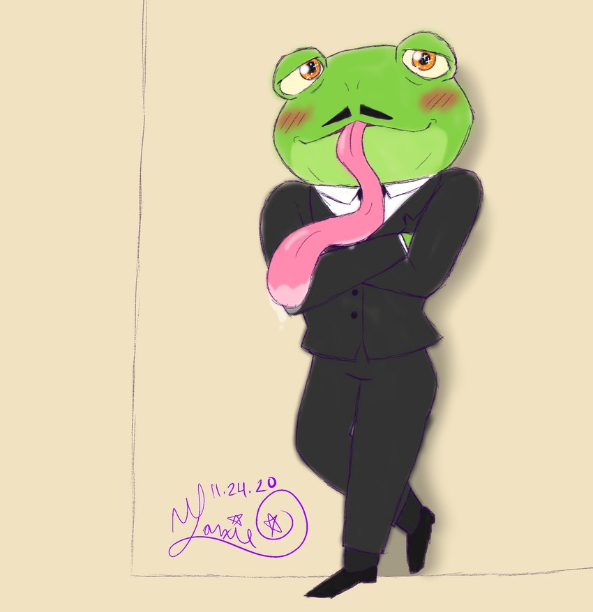 anthro biped blush clothed clothing crossed_arms drooling_tongue front_view green_body green_skin looking_at_viewer male orange_eyes solo suit tongue tongue_out larxiearveri dreamworks kipo_and_the_age_of_wonderbeasts netflix jamack amphibian frog 2020 dated full-length_portrait hi_res portrait signature