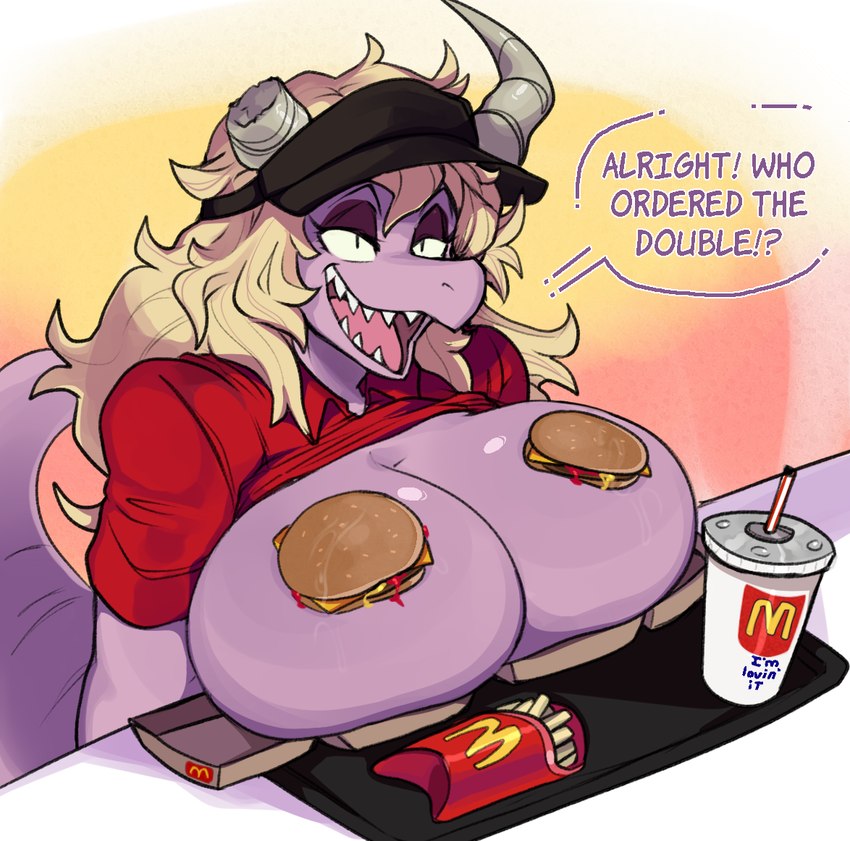 anthro beverage big_breasts black_clothing black_hat black_headwear blonde_hair breasts broken_horn burger clothed clothing container cup dialogue female food fries hair hat headgear headwear horn huge_breasts long_hair non-mammal_breasts open_mouth raised_clothing raised_shirt raised_topwear red_clothing red_shirt red_topwear sharp_teeth shirt solo speech_bubble tail teeth text topwear uniform unprofessional_behavior pb_doodles mcdonald's mythology your_order_is_ready_(meme) cass_(simplifypm) dragon mythological_creature mythological_scalie scalie 2023 english_text meme