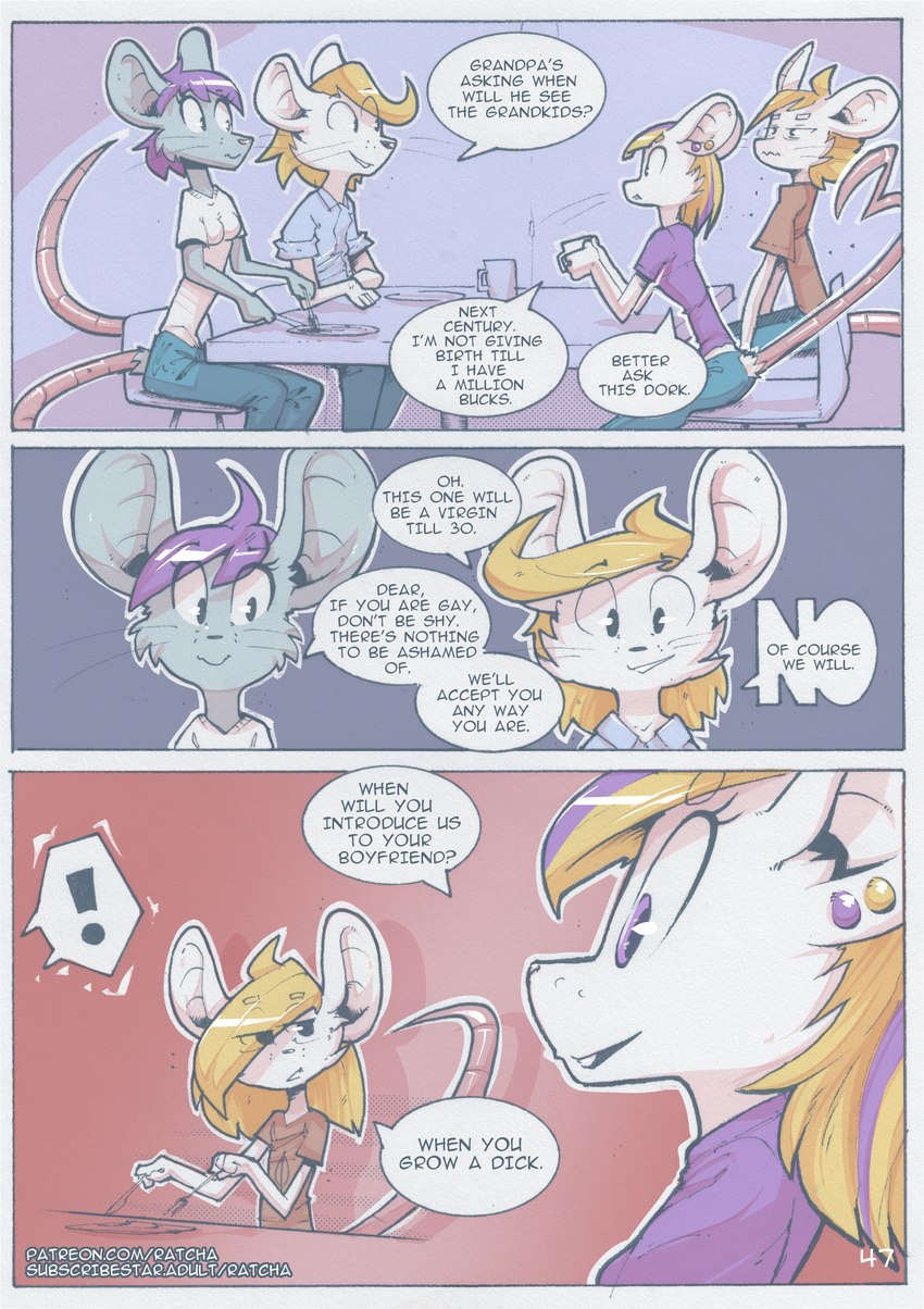 anthro clothed clothing dialogue dinner ear_piercing family female group male piercing simple_background speech_bubble text white_speech_bubble ratcha iris_(ratcha) jane_(ratcha) skye_(ratcha) mammal mouse murid murine rodent absurd_res comic english_text hi_res traditional_media_(artwork) brother_(lore) brother_and_sister_(lore) sibling_(lore) sister_(lore) twins_(lore)