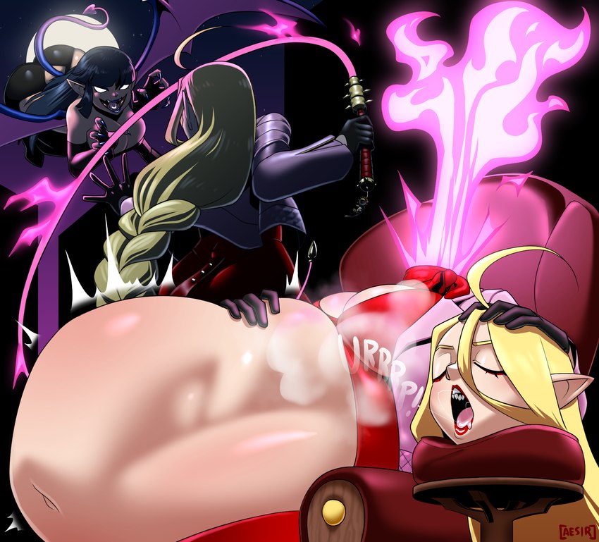 ahoge belly big_breasts black_hair blonde_hair braided_hair breasts colored_fire detachable detachable_head fangs female female/female female_pred female_prey fire glowing glowing_eyes hair huge_breasts humanoid_pointy_ears moon night not_furry pink_fire pointy_ears spade_tail tail teeth vore whip aesir_(artist) european_mythology irish_mythology mythology dullahan humanoid succubus hi_res