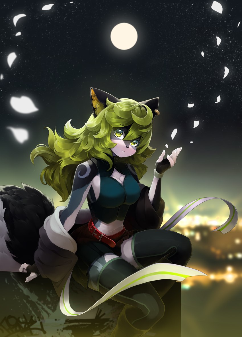 anthro clothing female fluffy fluffy_tail green_eyes green_hair hair legwear long_hair looking_at_viewer outside petals sitting solo tail thigh_highs talilly nova_(hikarikurisu) canid canine fox mammal 2023 hi_res