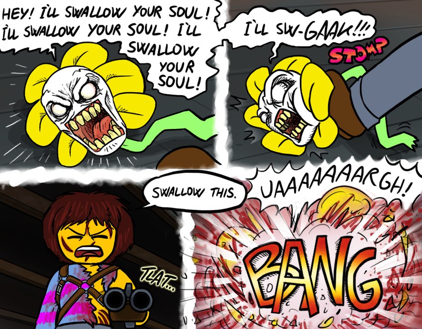 ambiguous_gender angry clothing dialogue double_barrel_shotgun duo facial_scar flower gun male plant ranged_weapon scar shooting_gun shotgun stomping text torn_clothing weapon killb94_(artist) evil_dead undertale undertale_(series) flowey_the_flower frisk_(undertale) elemental_creature flora_fauna flower_creature human mammal monster comic digital_drawing_(artwork) digital_media_(artwork)