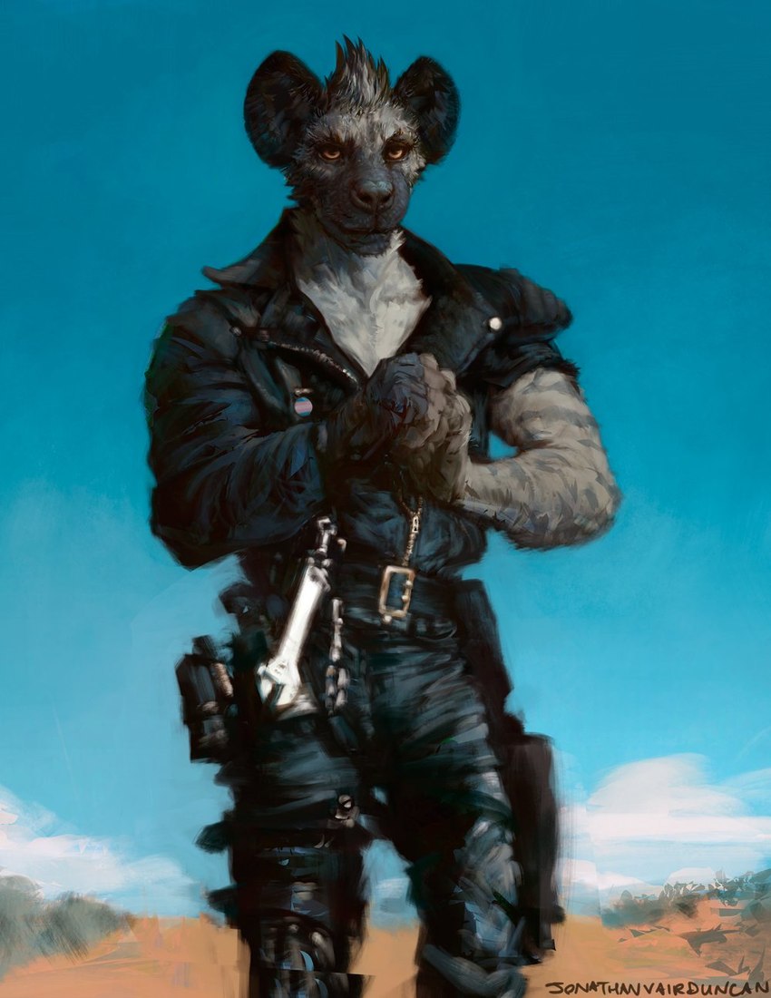 anthro chest_tuft clothing fur grey_body grey_fur jacket leather leather_clothing leather_jacket leather_topwear looking_at_viewer male orange_eyes solo standing stripes tools topwear tuft wrench jonathanvair mad_max hyena mammal adobe_photoshop_(artwork) alchemy_(artwork) digital_media_(artwork) hi_res