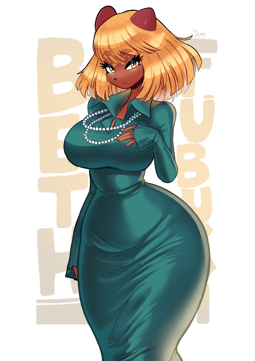 anthro big_breasts breasts clothing cosplay dress eyebrow_through_hair eyebrows female gem hair jewelry necklace pearl_(gem) pearl_necklace solo text translucent translucent_hair wide_hips jamoart one-punch_man one_(manga) bethany_(jamoart) fubuki_(one-punch_man) capybara caviid mammal rodent absurd_res english_text hi_res