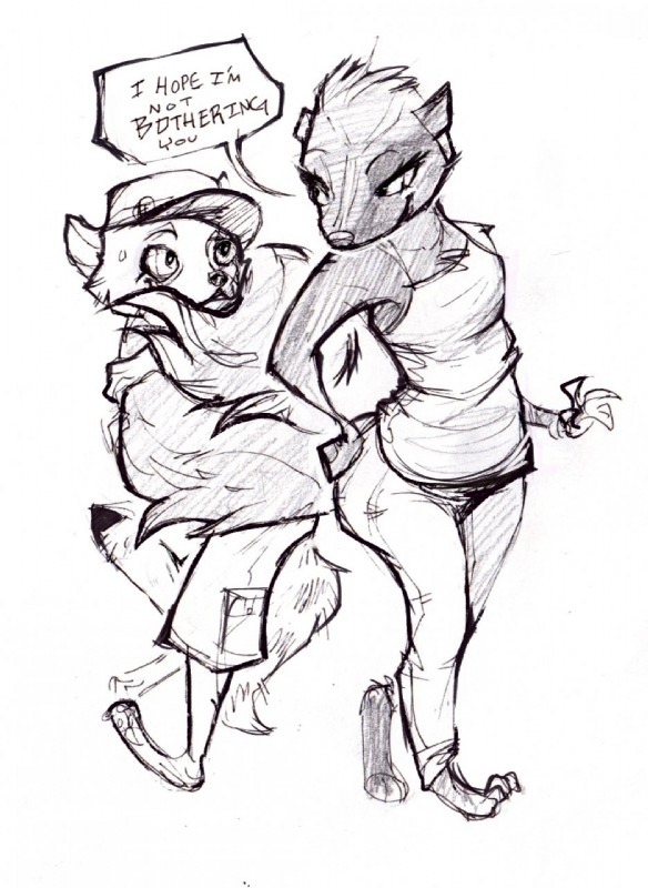 ambiguous_gender anthro blush clothing coiling duo female female/ambiguous flirting fluffy fluffy_tail long_tail prehensile_tail tail teasing combatraccoon caudle_(fursona) euplerid mammal mephitid ring-tailed_vontsira skunk vontsira yuki_(disambiguation) black_and_white graphite_(artwork) hi_res monochrome pen_(artwork) traditional_media_(artwork)