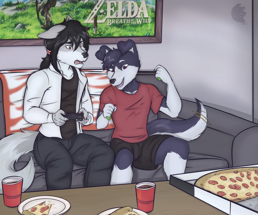 angry anthro beverage clothed clothing controller duo excited focused food fur fur_markings furniture game_controller gaming grey_body grey_fur hair joycon_controller long_hair male male/male markings nintendo_controller pizza ponytail poster skinny snacks sofa table conditional_dnp grinn3r nintendo nintendo_switch aaron_mckay canid canine canis domestic_dog husky mammal nordic_sled_dog spitz wolf 2020