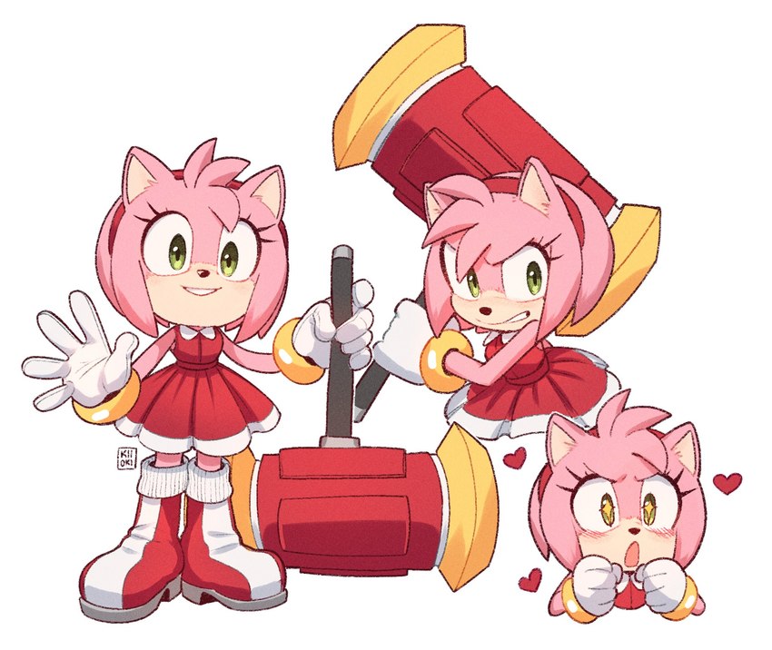 accessory anthro blush boots clothing female footwear gloves green_eyes hair_accessory hairband handwear heart_symbol looking_at_viewer multiple_poses piko_piko_hammer pose shoes simple_background smile solo kiikoi11 sega sonic_the_hedgehog_(film) sonic_the_hedgehog_(series) amy_rose eulipotyphlan hedgehog mammal hi_res signature