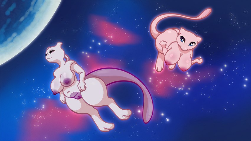 anthro breasts duo female feral genitals planet pussy space star sjevi nintendo pokemon pokemon_mystery_dungeon spike_chunsoft generation_1_pokemon legendary_pokemon mew_(pokemon) mewtwo pokemon_(species) 16:9 digital_drawing_(artwork) digital_media_(artwork) digital_painting_(artwork) painting_(artwork) wallpaper widescreen