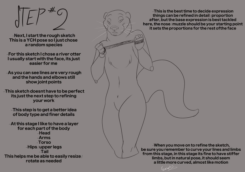 ambiguous_gender anthro curved_tail curvy_figure how-to leash leash_pull pose simple_background smile solo tail text possumgod wren_the_otter_(possumgod) mammal mustelid otter absurd_res english_text hi_res signature sketch