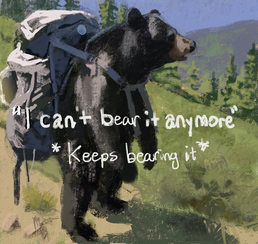 ambiguous_gender backpack backpack_only bad_pun black_body black_fur detailed_background feral forest fur grass_field hyper_realistic mountain outside plant quadruped solo standing text tree rythaze bear mammal 2024 english_text hi_res