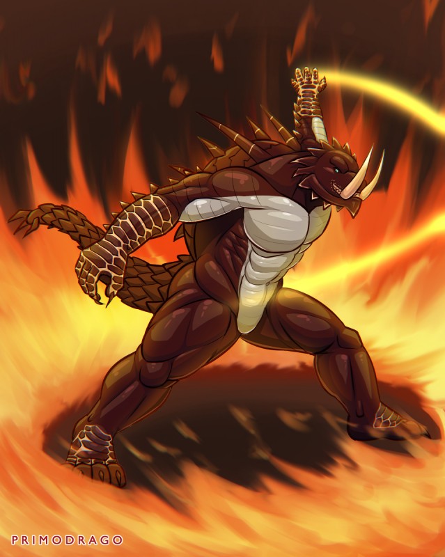 4_toes 5_fingers anthro blue_eyes brown_body brown_scales featureless_crotch feet fighting_pose fingers fire grin male muscular muscular_anthro muscular_male navel nude pose scales smile solo toes primodrago capcom monster_hunter akantor flying_wyvern 2018 hi_res