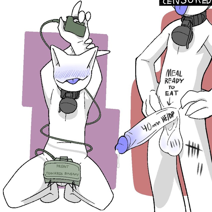 4_fingers anthro balls big_penis blep blue_blush blue_tongue blush bodily_fluids body_writing bomb_collar censor_bar censored_face claymore collar convenient_censorship cum detonator duo explosives eyeless fingers genital_fluids genitals hands_on_hips kneeling leaking_cum male nude penis simple_background smile smiling_at_viewer suggestive_pose text tongue tongue_out white_body writing_on_belly writing_on_genitals writing_on_penis xenopera synth_(xenopera) 1:1 2021 censored digital_media_(artwork) english_text