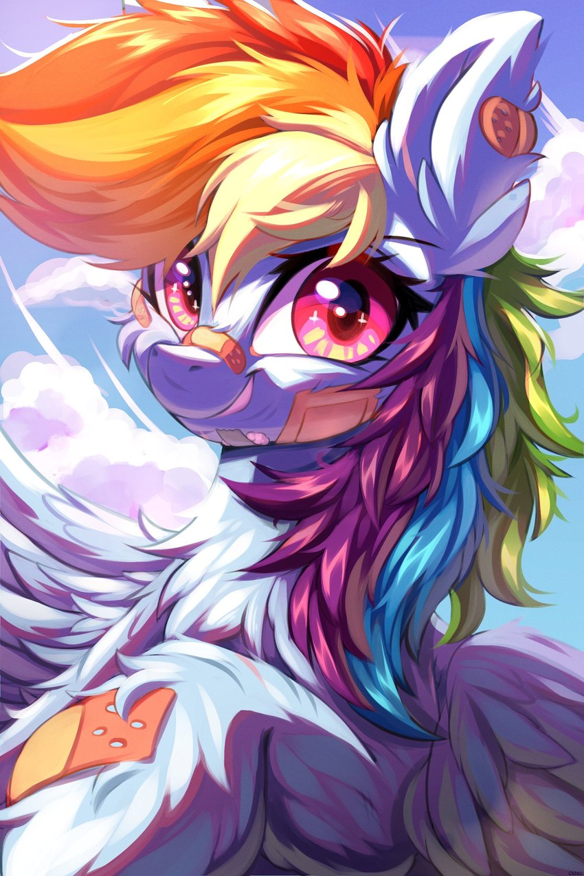 band-aid bandage blue_body blue_fur cloud eyelashes eyes_closed female feral fur hair multicolored_hair pink_eyes rainbow_hair scratches smile smirk solo wings ask-colorsound friendship_is_magic hasbro my_little_pony mythology rainbow_dash_(mlp) equid equine mammal mythological_creature mythological_equine pegasus 2022 2:3 absurd_res digital_media_(artwork) hi_res