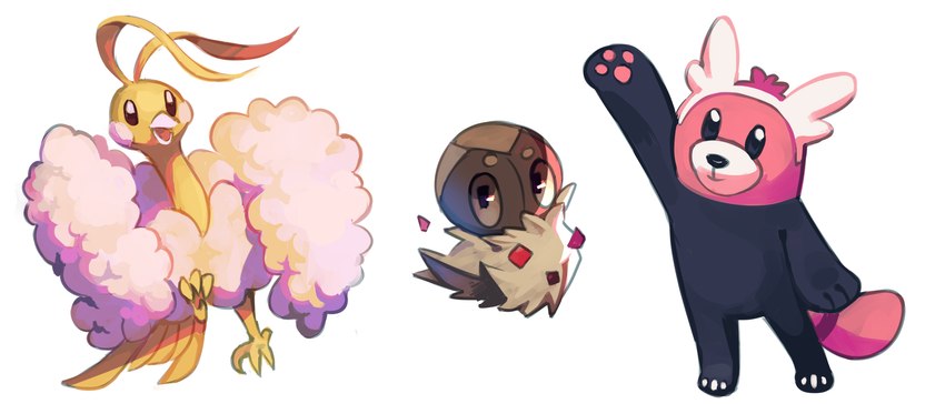 ambiguous_gender beak biped black_body black_nose cheek_spots feathers feet group mouth_closed pawpads paws simple_background standing tail tail_feathers talons toes trio white_background wings yellow_body flavia-elric nintendo pokemon altaria bewear generation_3_pokemon generation_6_pokemon generation_7_pokemon pokemon_(species) shiny_pokemon spewpa 2019 7:3 digital_media_(artwork) hi_res