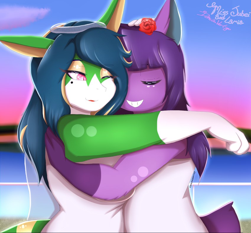 anthro blue_hair clothed clothed_anthro clothed_female clothing duo female female/female female_anthro flower gloves_(marking) hair hug long_hair markings one_eye_closed plant pose purple_hair rose_(flower) side_view smile standing sunset text wedding whatever9903 nintendo pokemon jubei_(damianvertigo) lamia_(damianvertigo) generation_5_pokemon pokemon_(species) serperior absurd_res character_name digital_drawing_(artwork) digital_media_(artwork) english_text half-length_portrait handwritten_text hi_res portrait shaded signature simple_shading