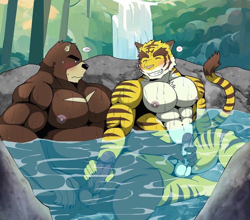 abs anthro balls biceps blush duo erection fur genitals handjob humanoid_genitalia humanoid_hands humanoid_penis male male/male muscular muscular_anthro muscular_male navel nipples nude outdoor_nudity overweight overweight_male pecs penile penis sex smile striped_body stripes tail bearlovestiger13 morenatsu juuichi_mikazuki torahiko_(morenatsu) bear felid mammal pantherine tiger