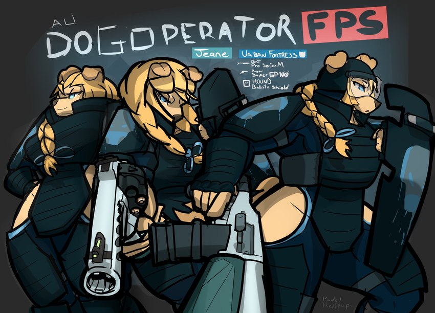 alternate_universe anthro armor ballistic_shield blonde_hair blue_eyes braided_hair braided_ponytail bulletproof_vest female gun hair handgun headgear helmet holding_gun holding_handgun holding_object holding_pistol holding_ranged_weapon holding_weapon pistol ponytail ranged_weapon rifle shield solo tactical_gear weapon hellpup_(artist) dog_knight_rpg jeane_(ceehaz) bird_dog canid canine canis domestic_dog golden_retriever hunting_dog mammal retriever 2022 hi_res