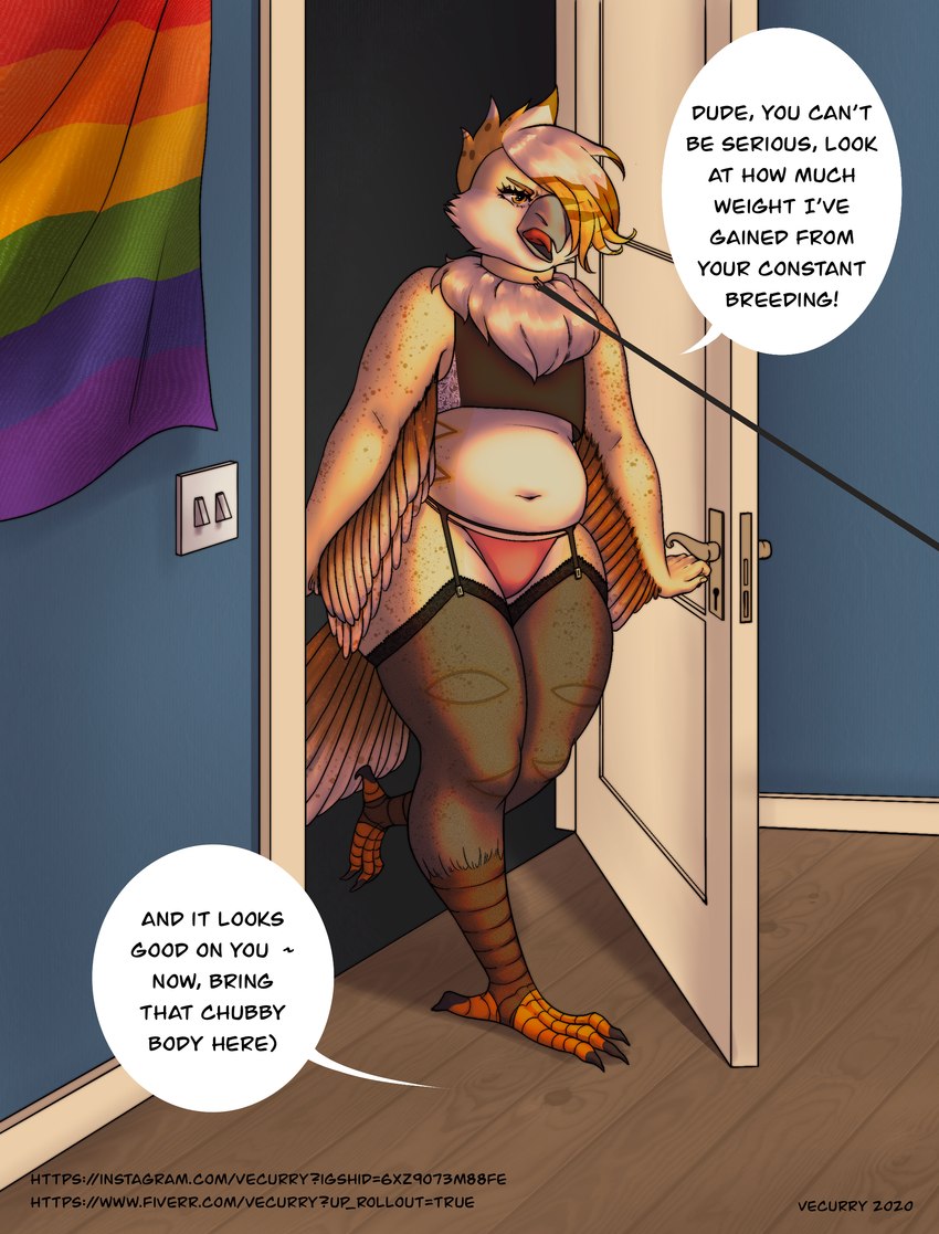 annoyed anthro avian_feet avian_legs beak bedroom belly black_clothing black_lingerie clothed clothing collar complex_body_markings complex_markings crop_top crossdressing dialogue door doorway entering_room eyelashes feathered_tail feathered_wings feathers feet femboy flag_on_wall garter_belt garter_straps hair hair_over_eye inside leash leash_pull leashed_collar legwear lgbt_pride lightswitch lingerie male markings offscreen_character pride_color_flag pride_colors rainbow_pride_colors shirt six-stripe_rainbow_pride_colors slightly_chubby solo spots spotted_markings stockings tail talons text thick_thighs toes topwear translucent translucent_clothing translucent_topwear winged_arms wings vecurry rye_owl_(character) avian bird owl absurd_res english_text hi_res